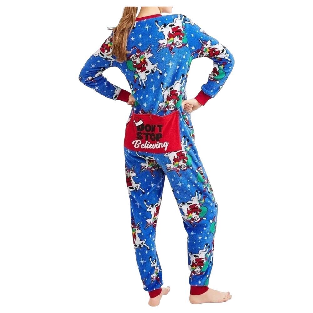 Santa Unicorn Christmas Pajamas One Piece Drop seat Don't Stop Believing size M - Picture 2 of 9